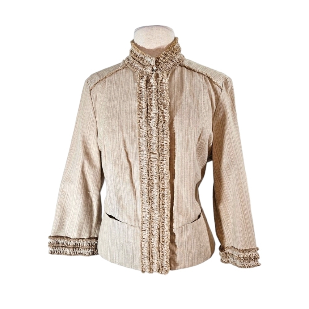 Magaschoni Beige Ruffle Fringe Blazer Jacket